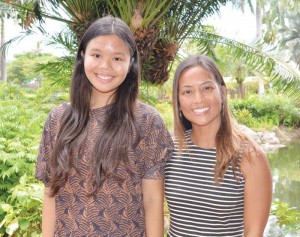 Northern Marianas College student Andrea Loste, left, is joined by her mentor, Jessica Delos Reyes, Commonwealth Healthcare Corp. renal dietitian, after presenting her research on child nutrition and the impact of nutrition information and food demonstrations. (NMC)