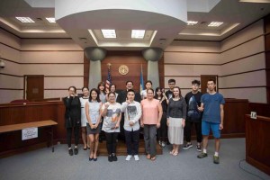 Superior Court Associate Judge Joseph Camacho warmly welcomes the students to his courtroom. (Contributed Photo) 