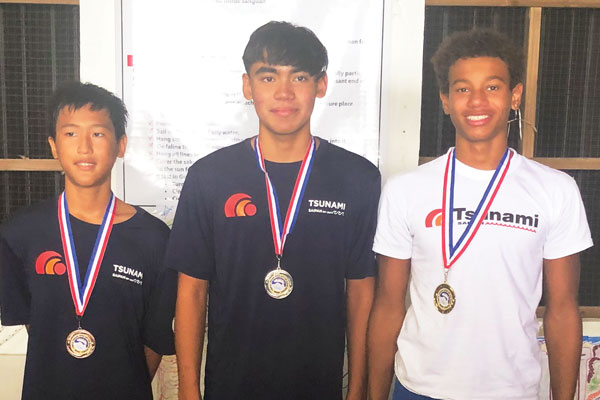 From right, Swimming Center Tsunami Saipan’s Isaiah Aleksenko, Kean Pajarillaga, and Kouki Watanabe finished 1-2-3 in the 1,500m race