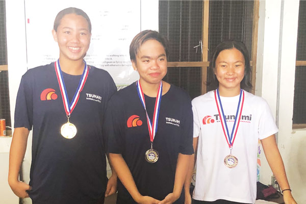 From left, Swimming Center Tsunami Saipan’s Aoi Braxton, Julia Jinang and Ayumi Obligacion finished 1-2-3 in the 1,500m race
