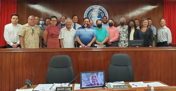 Senators pose for a group photo with Thomas P. Villagomez, Barrie C. Toves, and Joseph M. Diaz who, who were confirmed Thursday last week at the Senate session