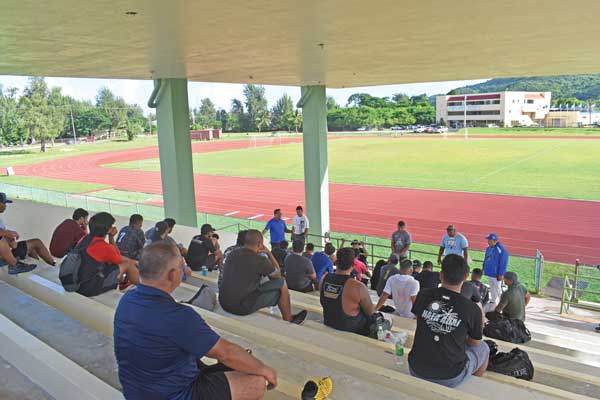 SBL president Jay Santos gives players trying out for the national team a pep talk after Day 1 of tryouts last Saturday.