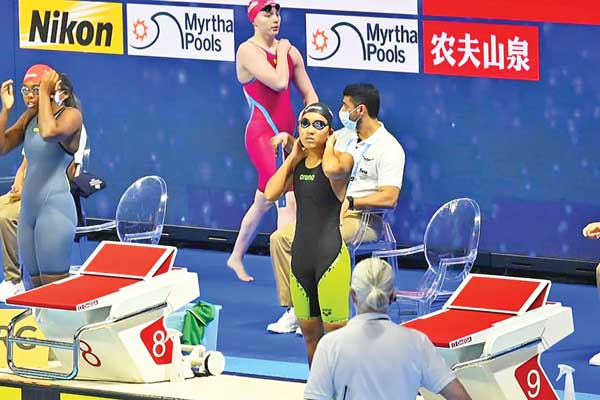 Asaka Litulumar prepares to swim in the women’s 50m freestyle