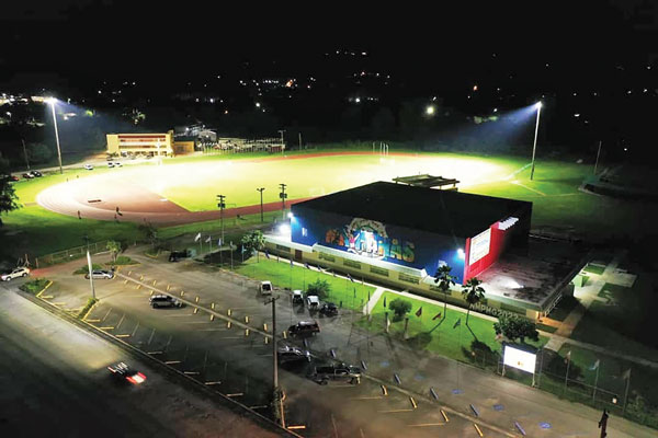 A later aerial evening shot of the Oleai Sports Complex